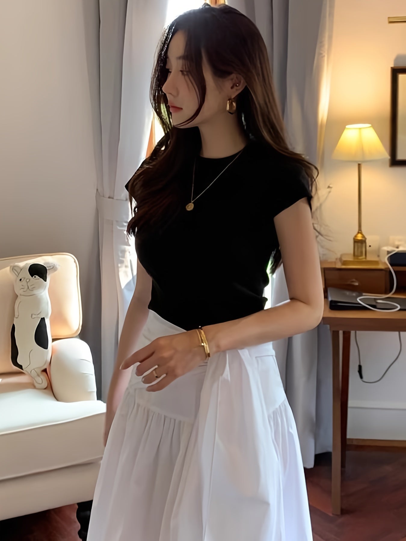 Women's Cotton Y2K Style T-Shirt Crew Neck Short Sleeve Solid Color with Frill Detail