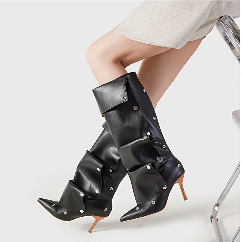 Женские белые двухслойные мотоботы до колена с заостренным носком