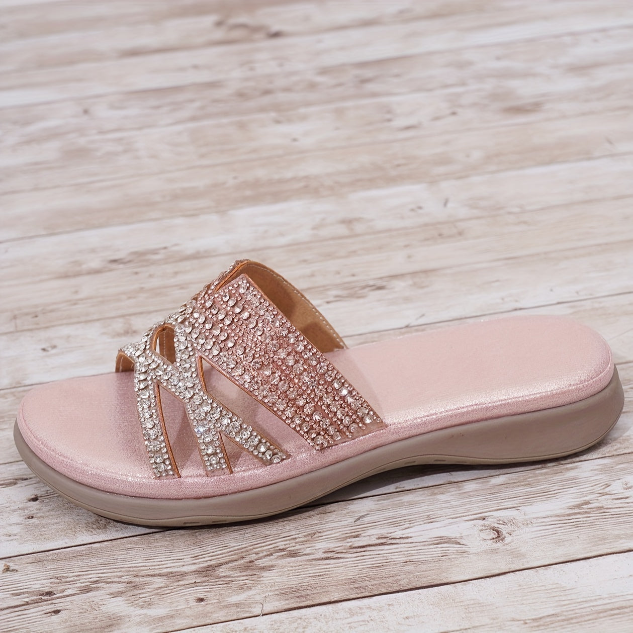 Women's Bohemian Flat Slides Rhinestone Embellished Casual Open Toe Slip-ons