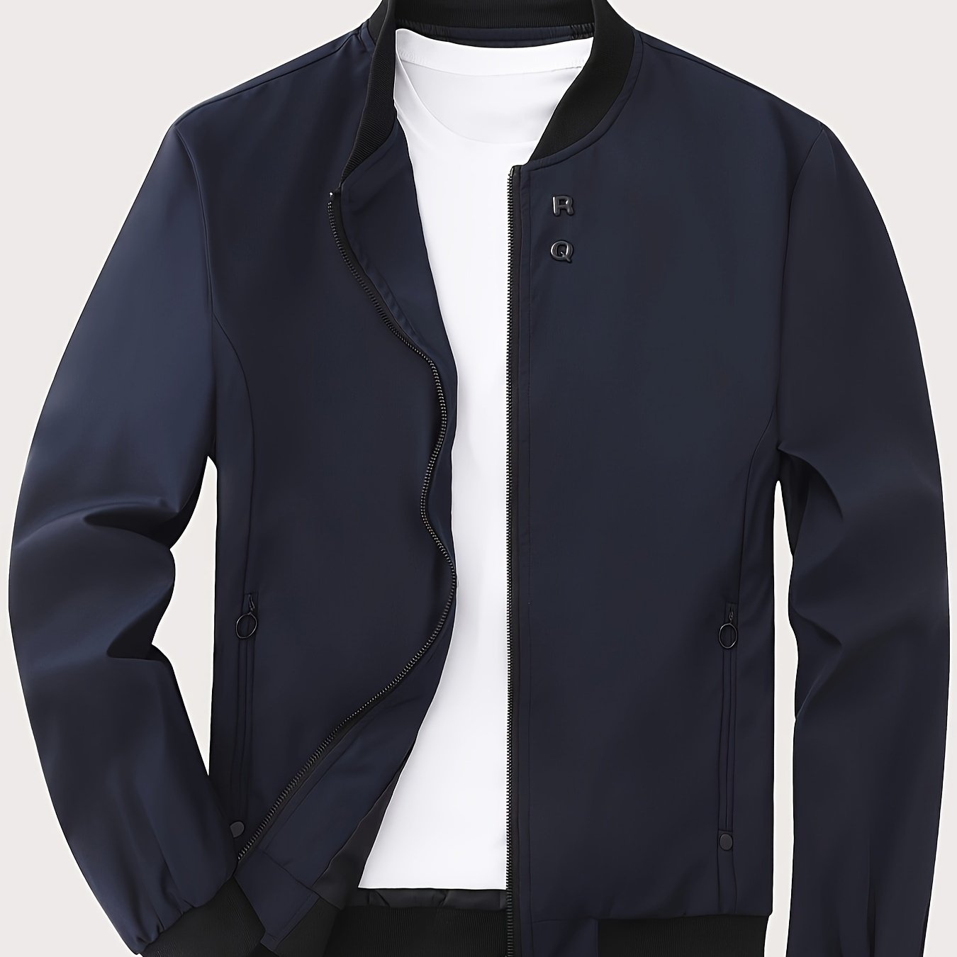 Men's Solid Color Polyester Zipper Jacket with Stand Collar Long Sleeves Casual All-Season