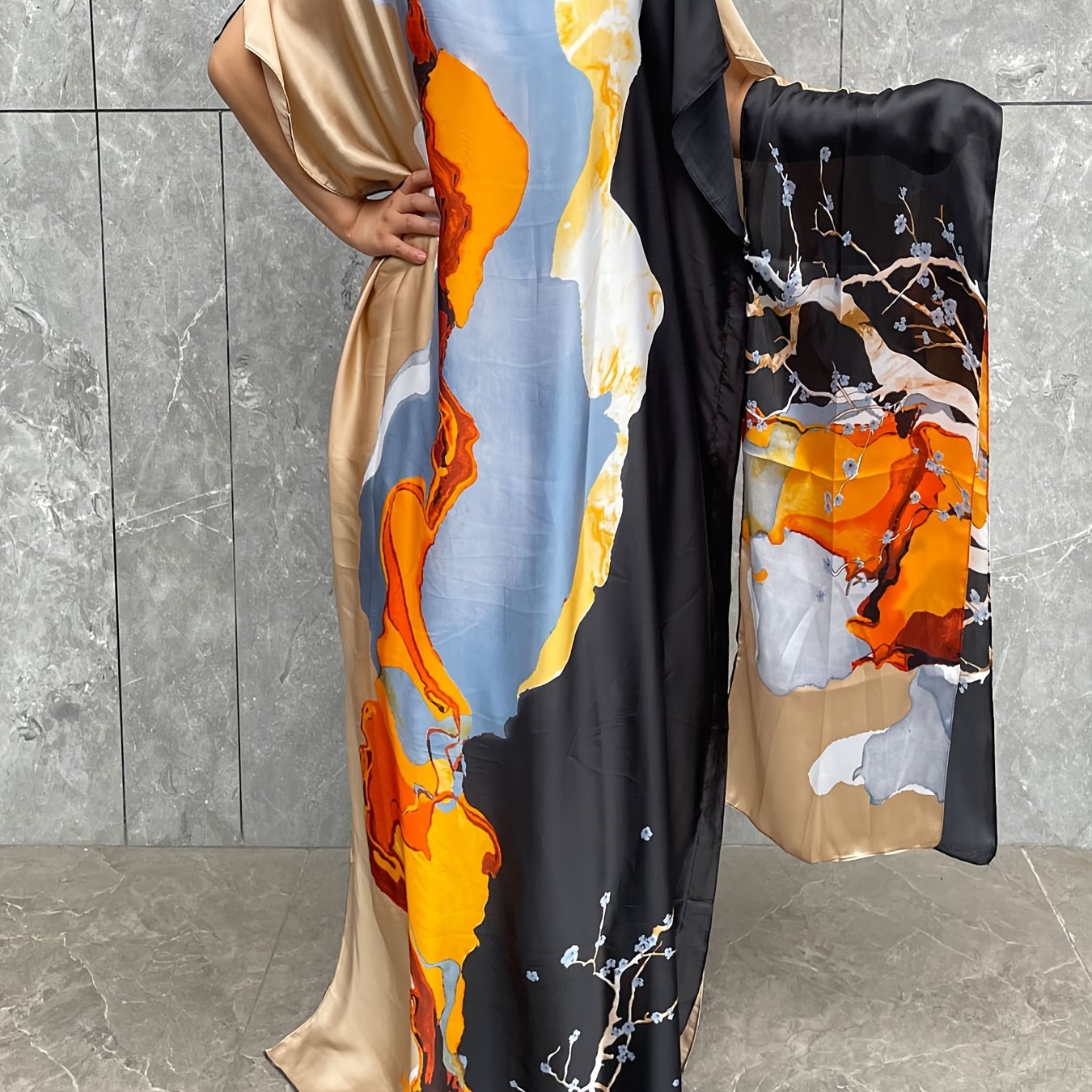 Plus Size Women's Batwing Sleeve Dress with Scarf Floral Print Plus Size Party Wear