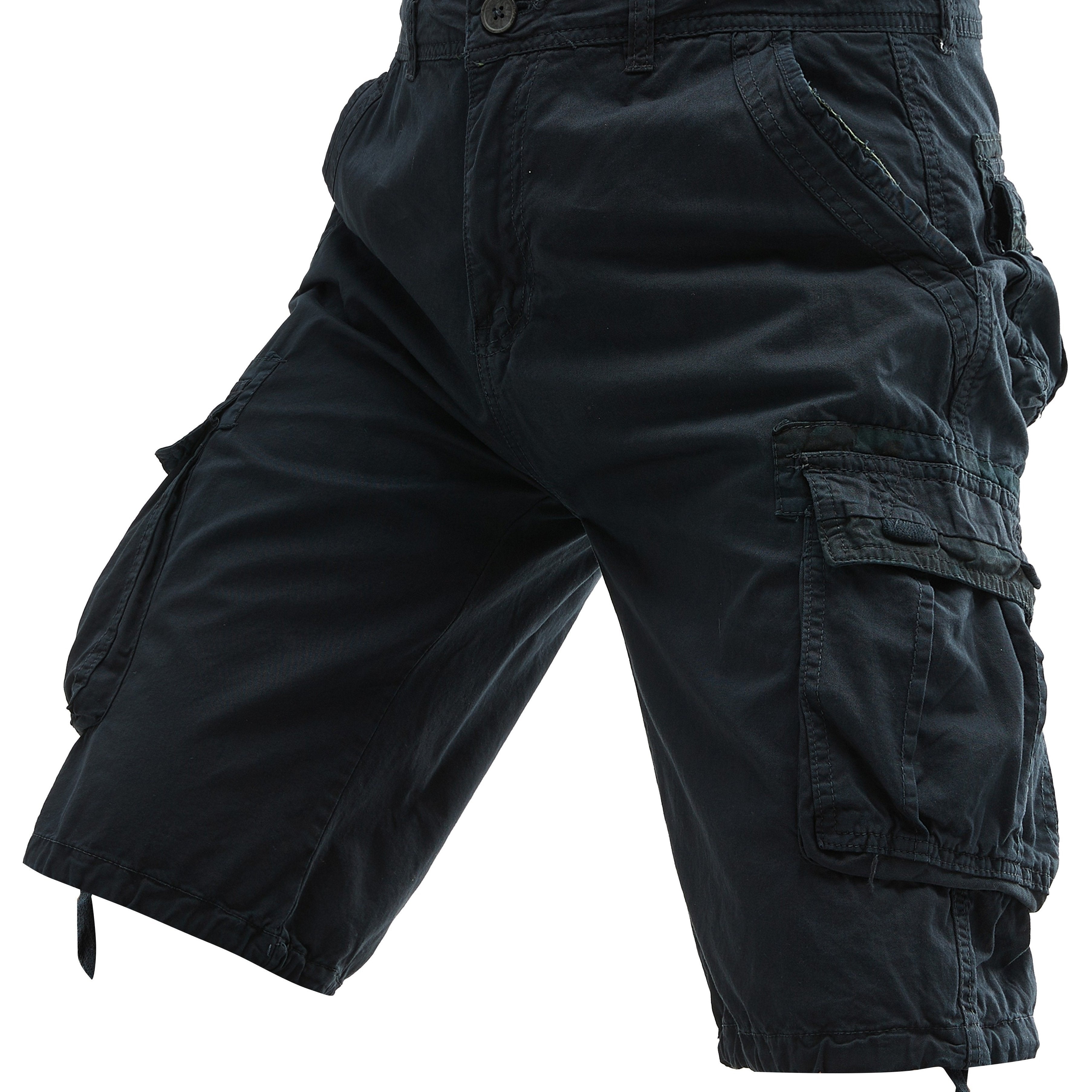 Erkaklar uchun ortiqcha kattalikdagi paxta yuk shortlari, cho'zilmaydigan, bir nechta cho'ntaklar, bir rangda, keng kesimda va to'qilgan mato.