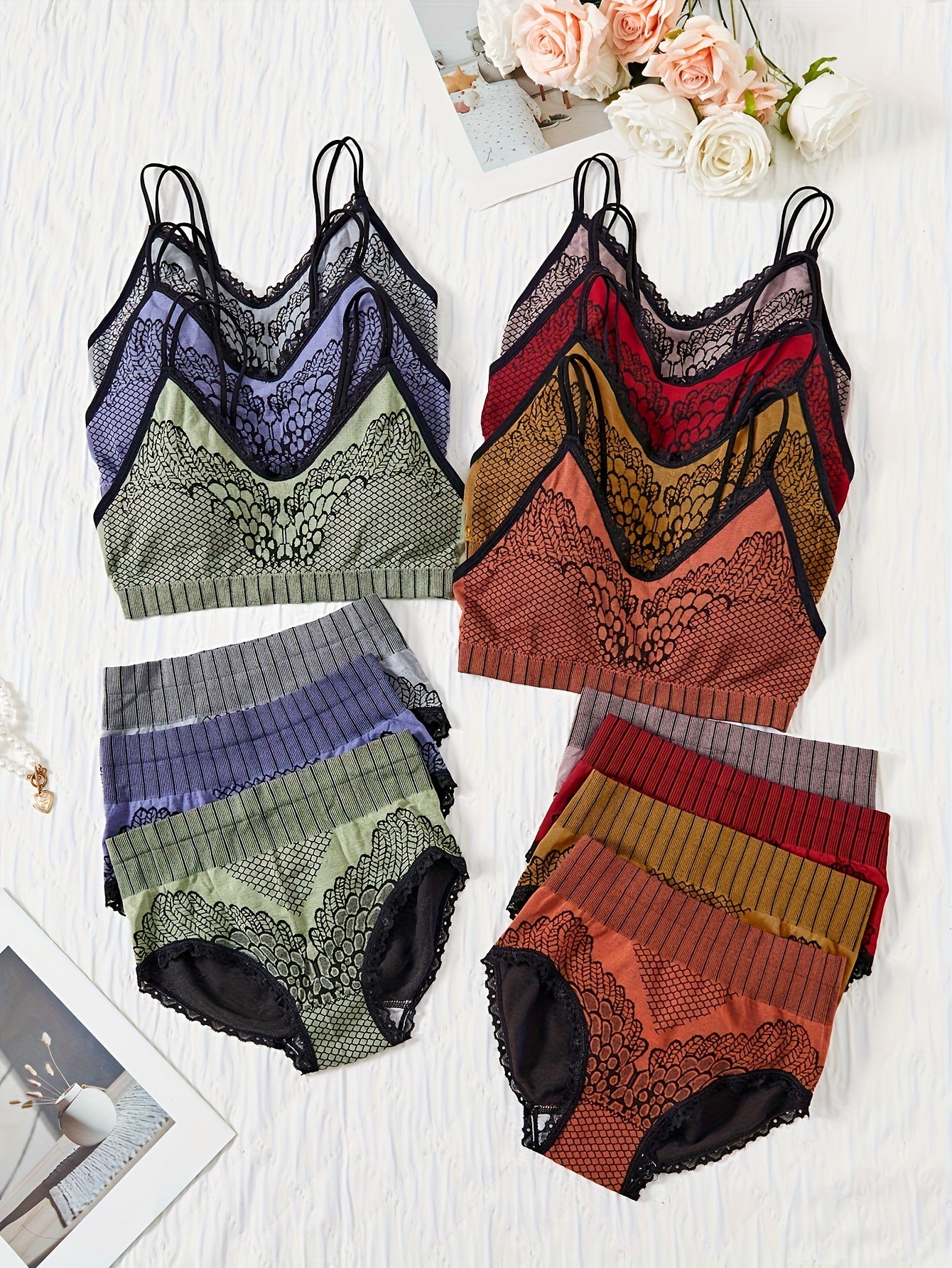 Women’s Baroque Style Lingerie Set with Removable Pads and Mid-Rise Briefs in 7 Color Pack