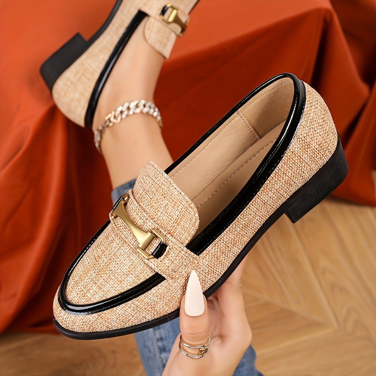Women's Flat Bottom Metal Buckle Loafers Retro Braided College Style Shoes