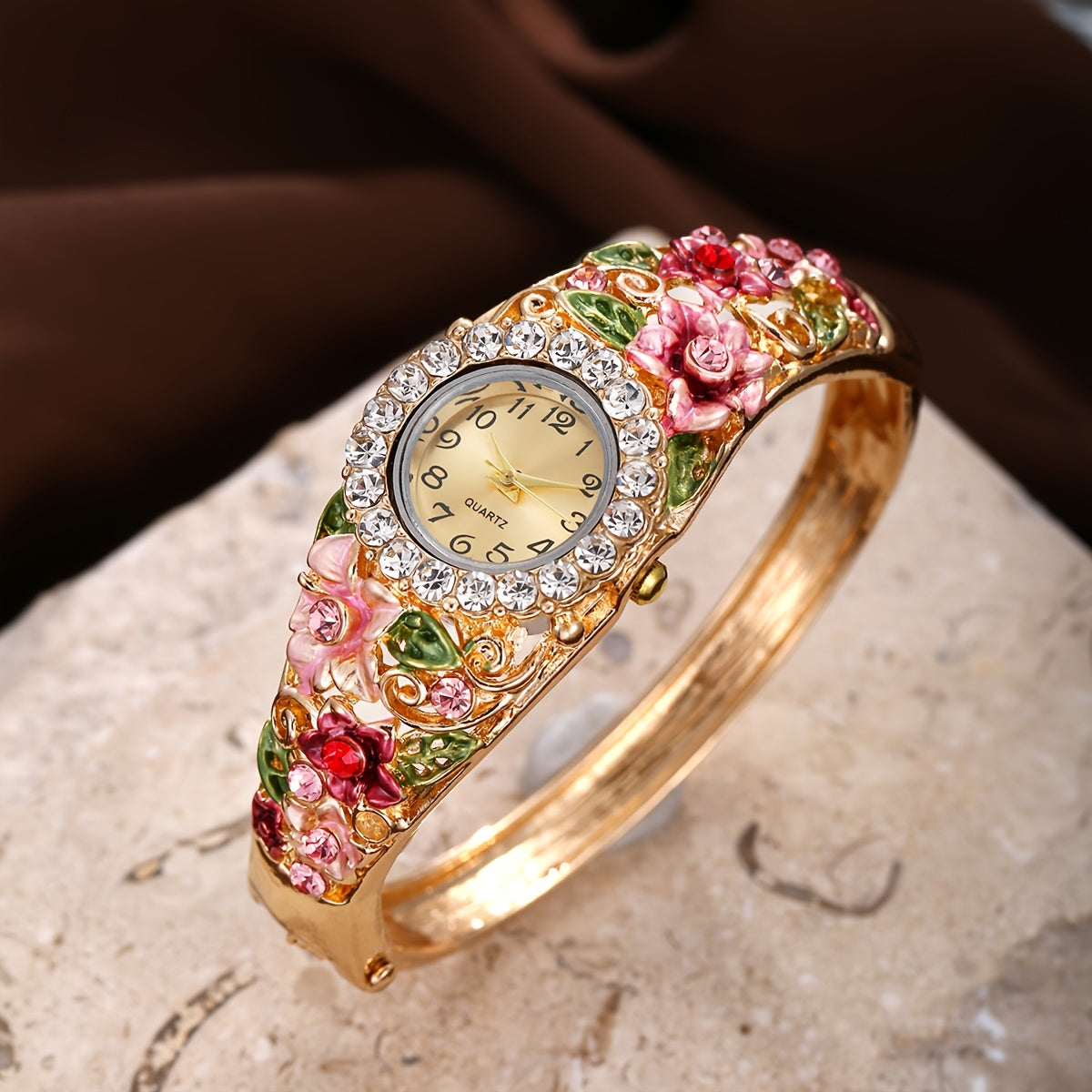 Set of 4 Women's Baroque Flower Quartz Bracelet Watches with Rhinestone Cuff Jewelry Set