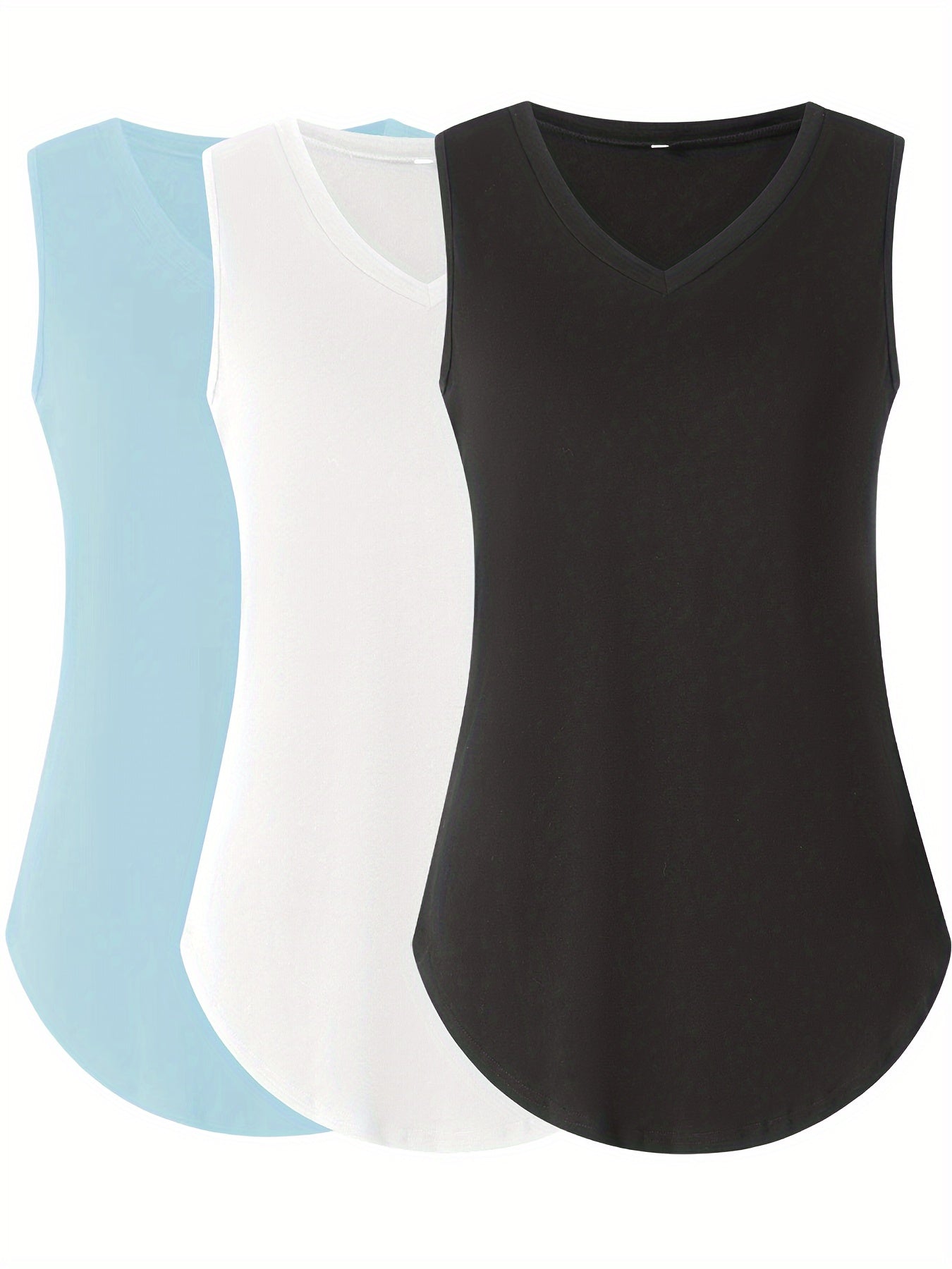 Women's Plus Size Sleeveless V-Neck Tank Tops Polyester Knit Summer Vests 3-Pack