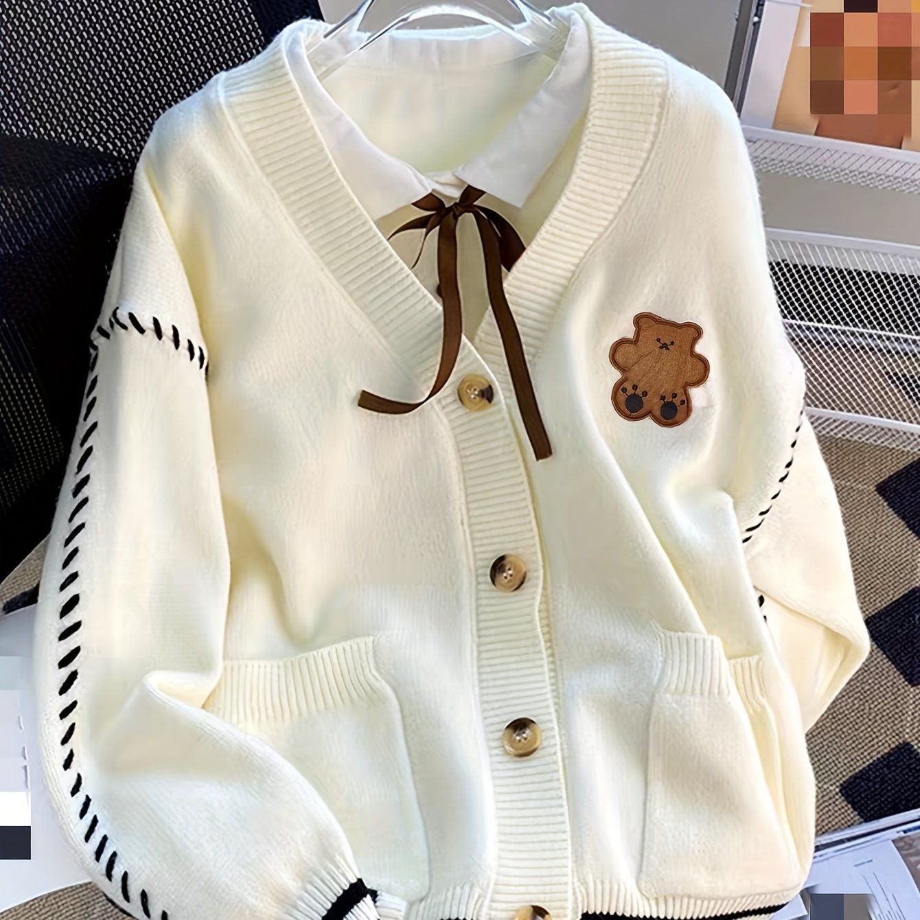 Women's V-Neck Knit Cardigan Contrast Color Teddy Bear Button All-Season