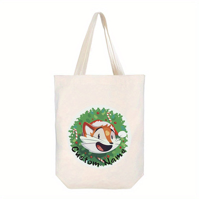 Custom Canvas Tote Bag with Santa Claus and Reindeer Design, Reusable Shoulder Bag for Shopping and Beach