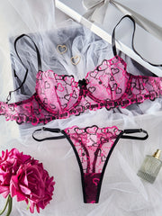 Women's Heart Pattern Lingerie Set with Thin Shoulder Straps Bra and Panties