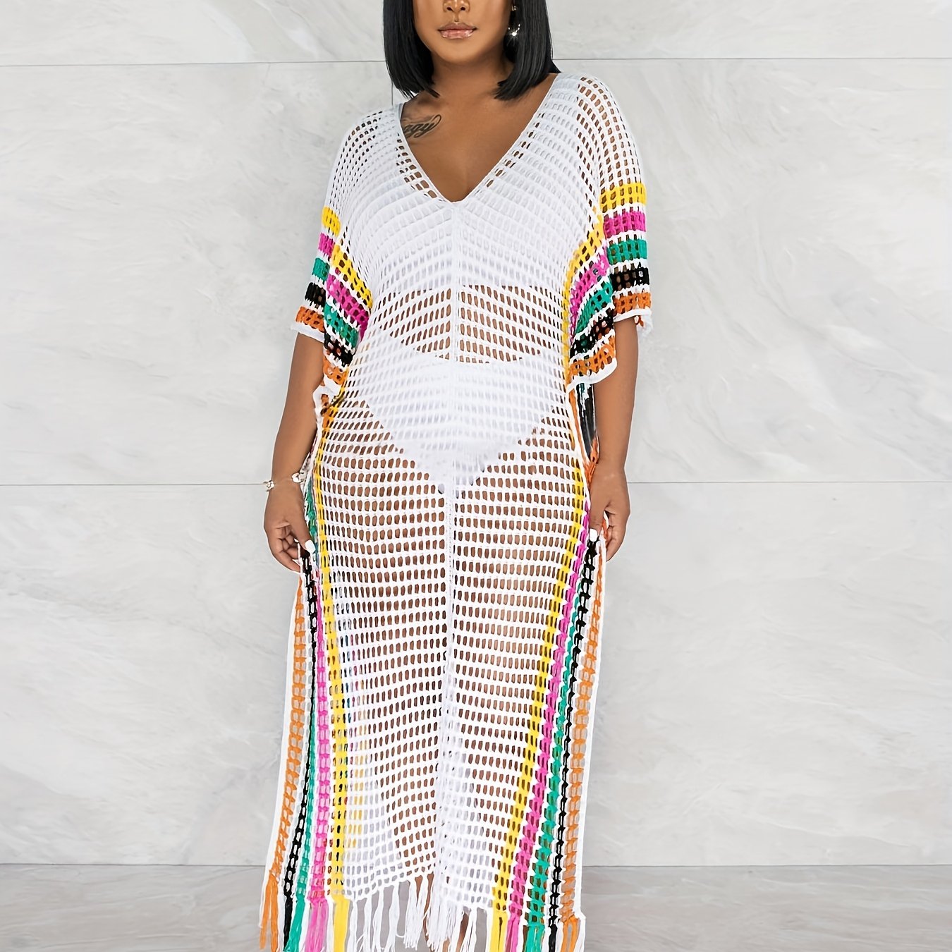 Плюс сайз женский вязаный пляжный свитер с бахромой и контрастными цветами