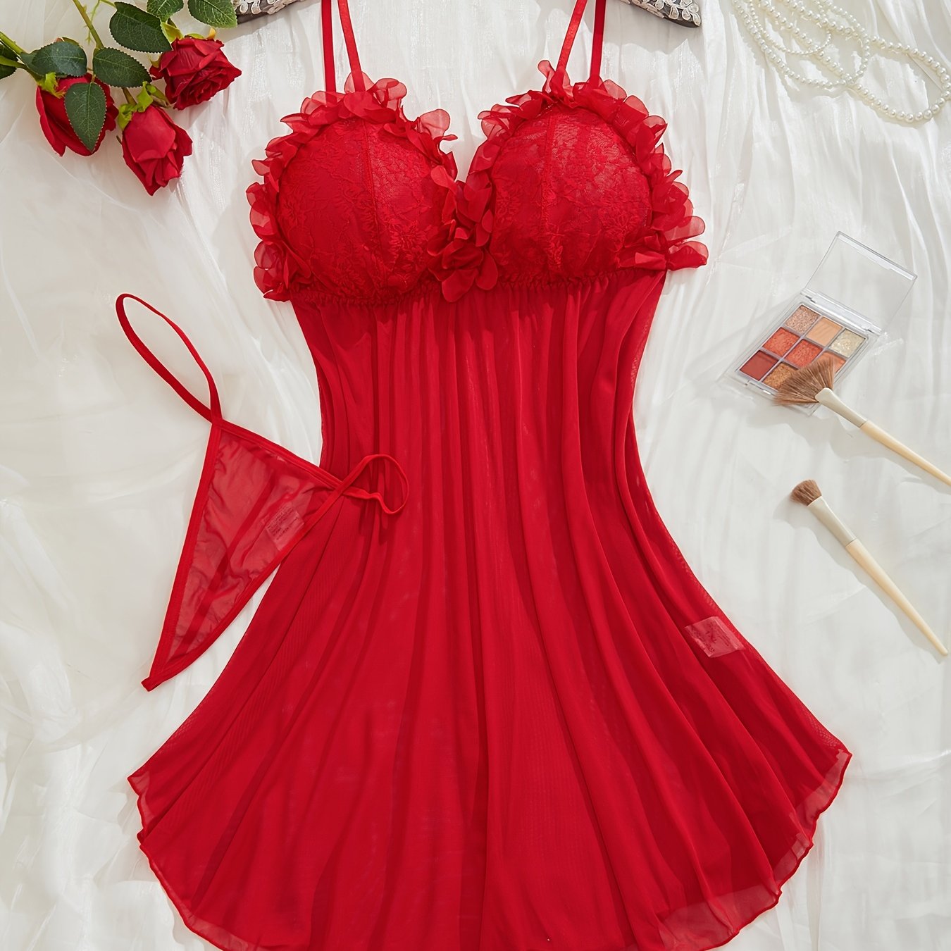 Plus Size Lace Floral Mesh Lingerie Set Sexy Contrast Spliced