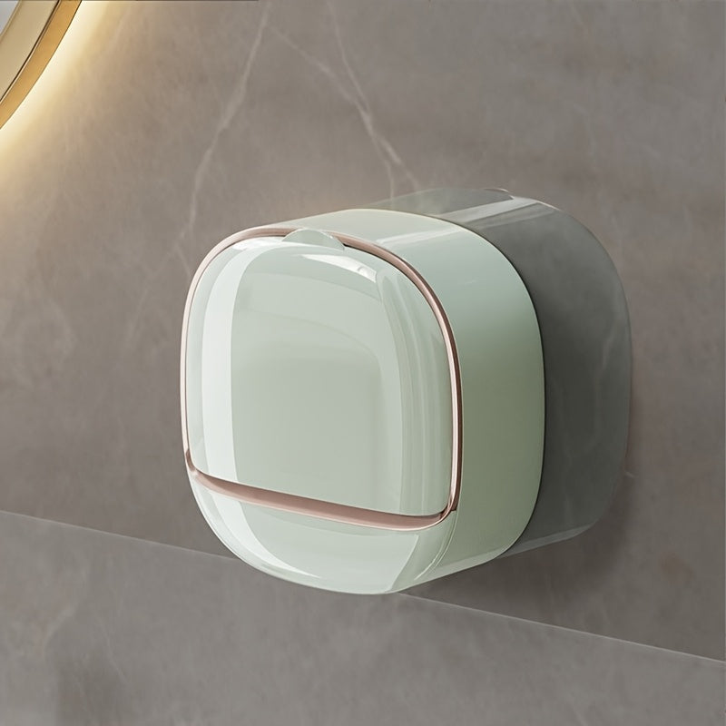 Duvorga o'rnatiladigan qopqoq bilan oval oq sabun idishi, tartibli hammom saqlash uchun.