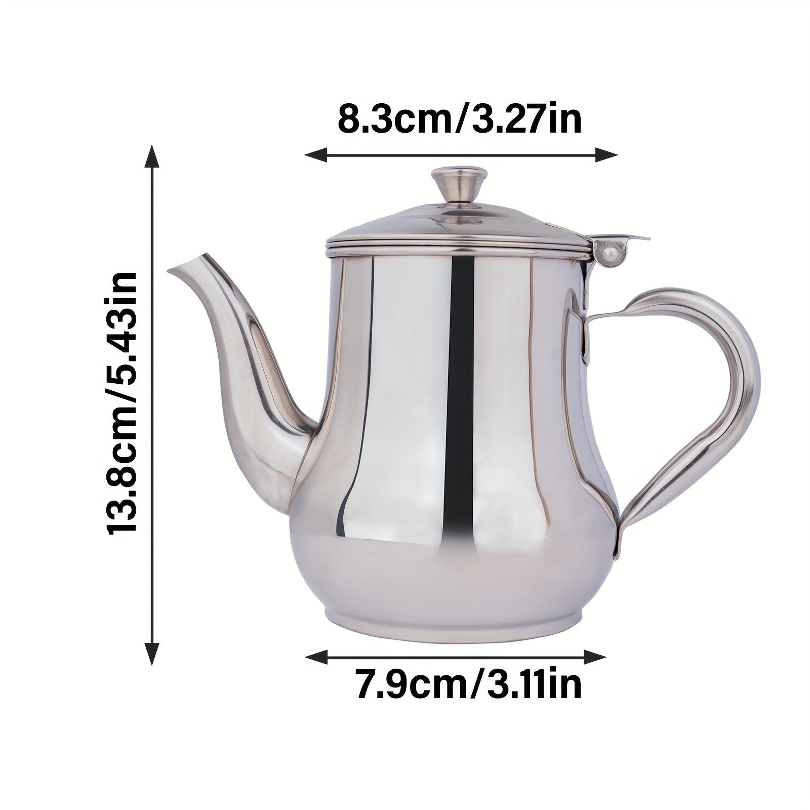 "Silver Stainless Steel Gooseneck Teapot with 48oz Capacity and Integrated Filter, BPA-Free Metal Tea Kettle and Coffee Server, Multi-Purpose Oval Table Serving Pot for Home, Restaurant, Outdoor Use. Dishwasher Safe."