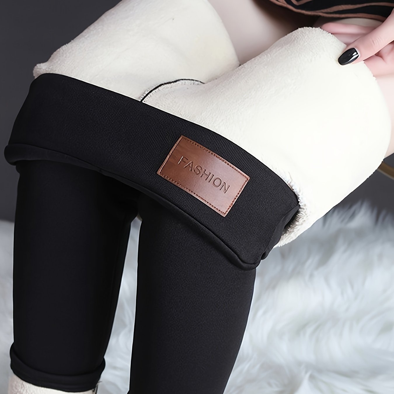 Women's Fleece-Lined Thermal Leggings High-Waisted Non-Slip Waistband Black Beige Plus Size