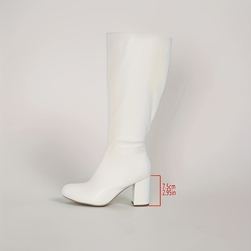 Women's Solid Color Knee-High Boots with Zipper Chunky Heel