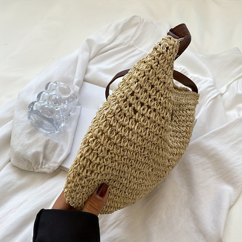 Bolso de mano de ratán hecho a mano para mujer, bolso de hombro de paja tejida para verano, color caqui beige