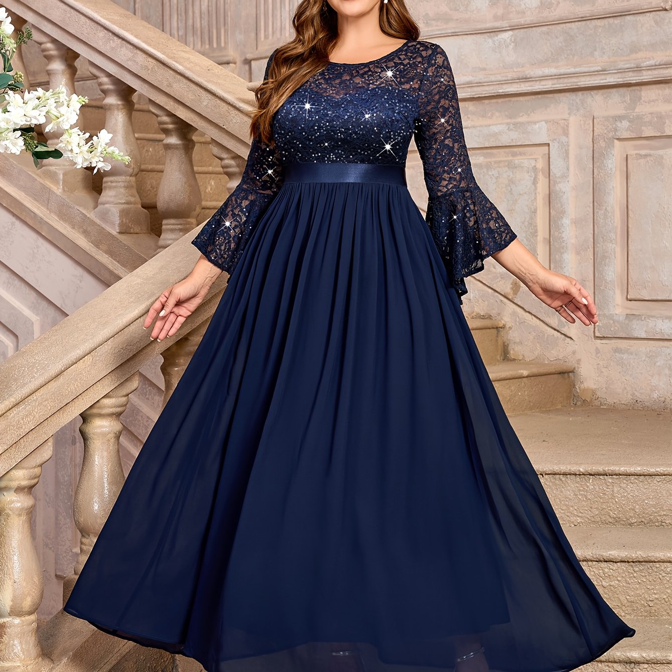 Plus Size Women's Sequin Long Dress Crew Neck Three Quarter Sleeve Evening Party