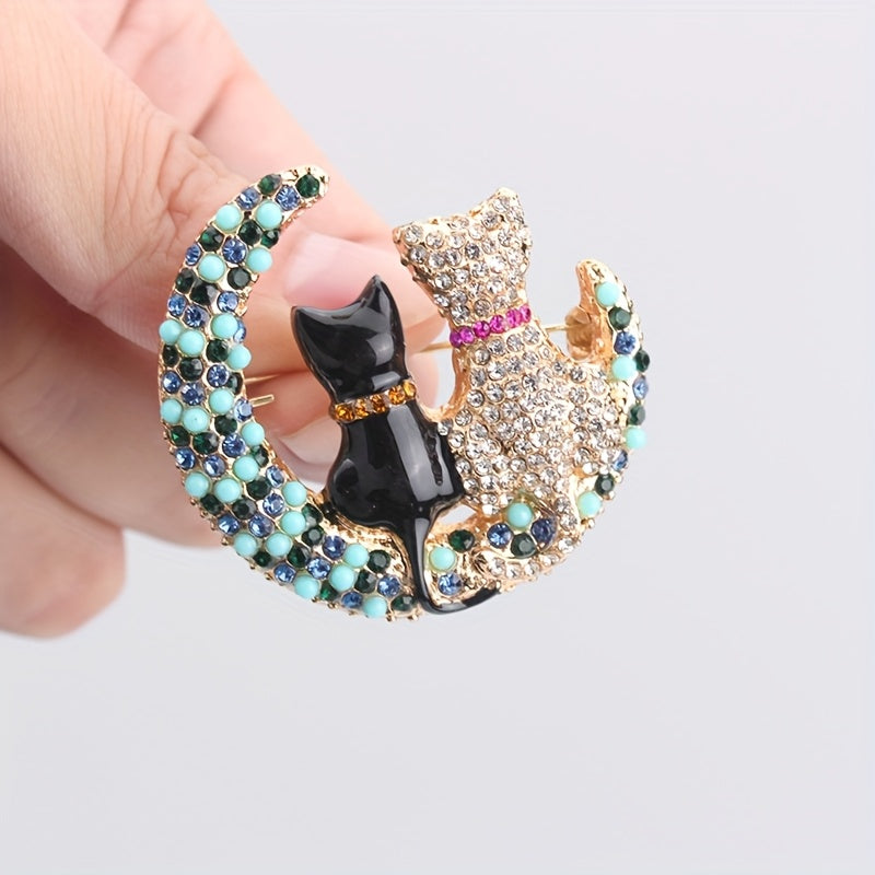 Rhinestone Cat and Moon Brooch Pin Alloy Fashion Accessory for Women