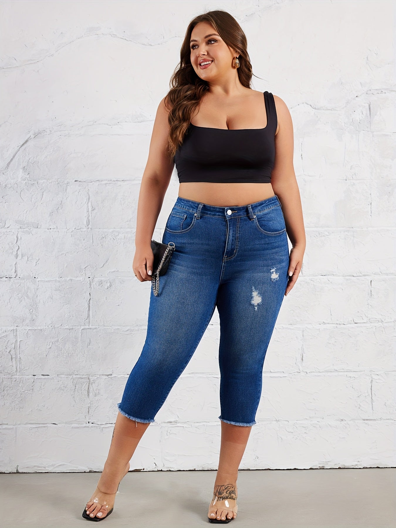 Women's Plus Size Light Blue High-Waisted Frayed Hem Skinny Jeans