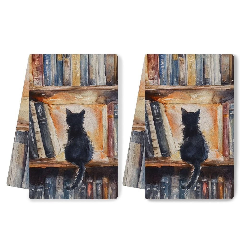 Two Pieces Kitchen Towels Ultra Soft Absorbent Library Kitten Design 40x60 cm