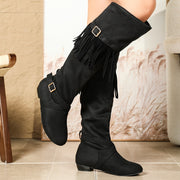 Women's Black Faux Fur Western Boots with Fringe Low Block Heel