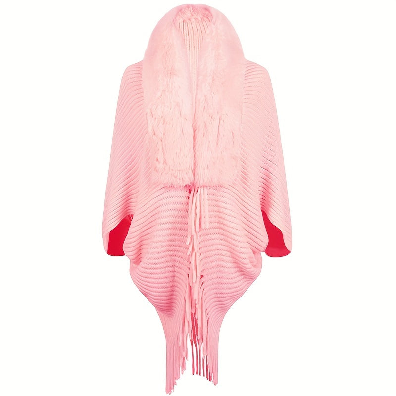 Winter Shawl with Faux Fur Collar Solid Color Loose Fit Knit Wrap Coat