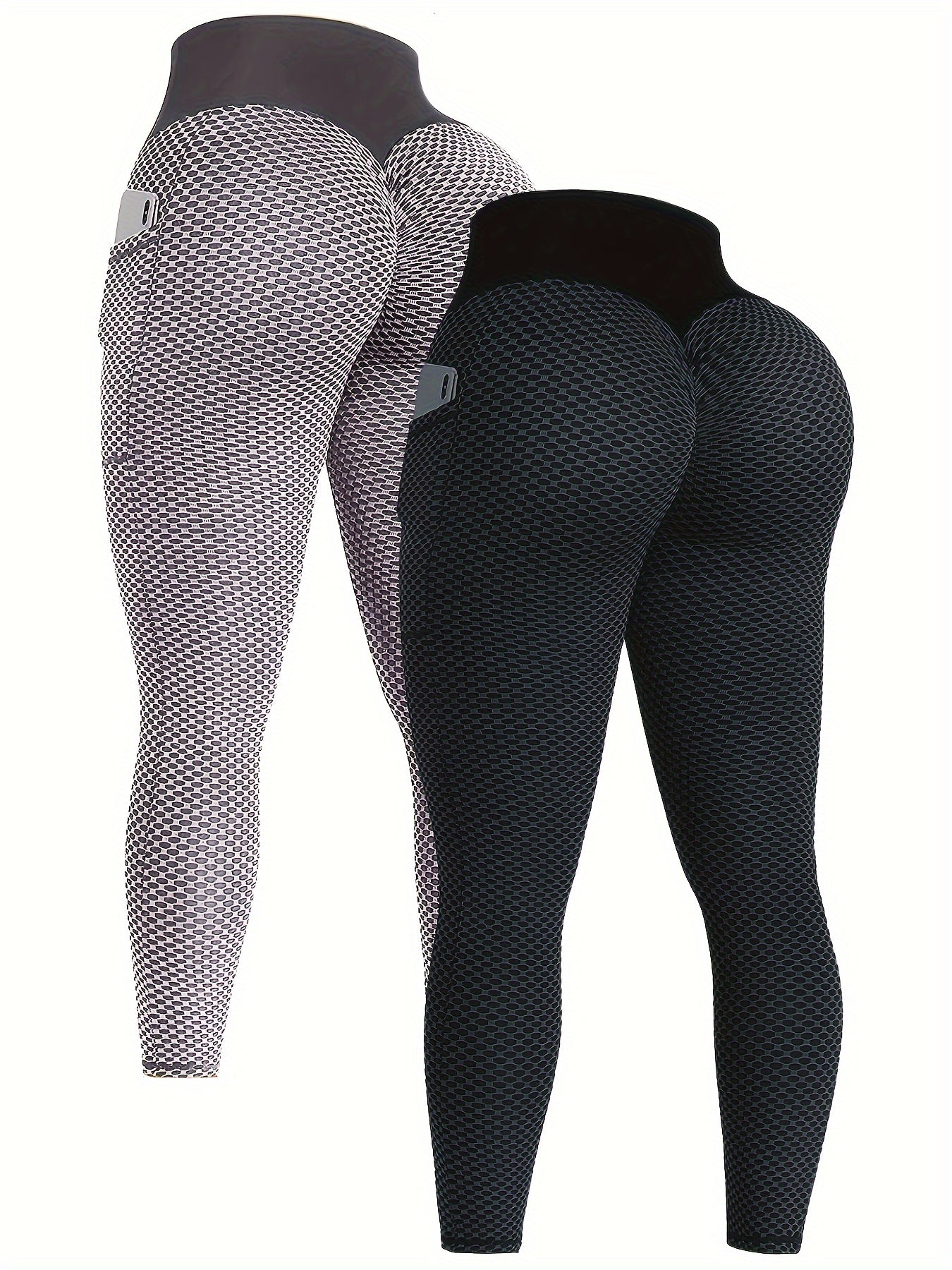 Ayollar uchun Seersucker yoga legginslar 2-to'plam, cho'ntaklar bilan, barcha mavsumga mos elastik