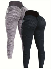 Ayollar uchun Seersucker yoga legginslar 2-to'plam, cho'ntaklar bilan, barcha mavsumga mos elastik