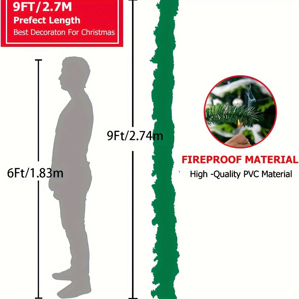 Guirnalda de Navidad con copos de nieve de 274.32cm, pino artificial con escarcha para árbol de Navidad y decoración