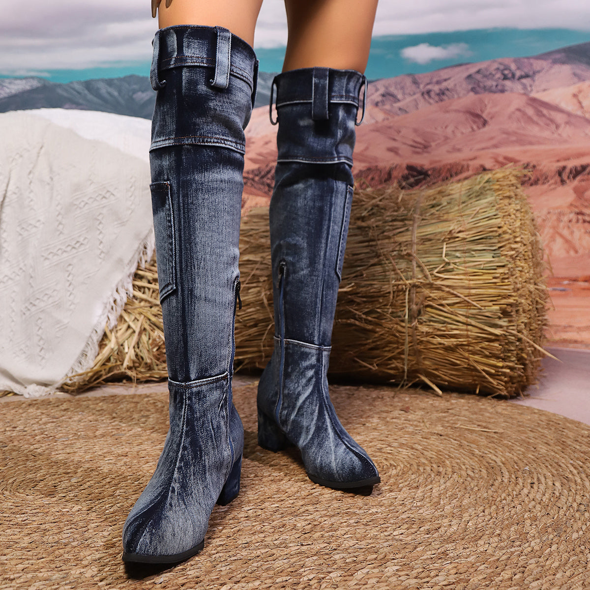 Женские джинсовые ботинки-корректоры до середины икры