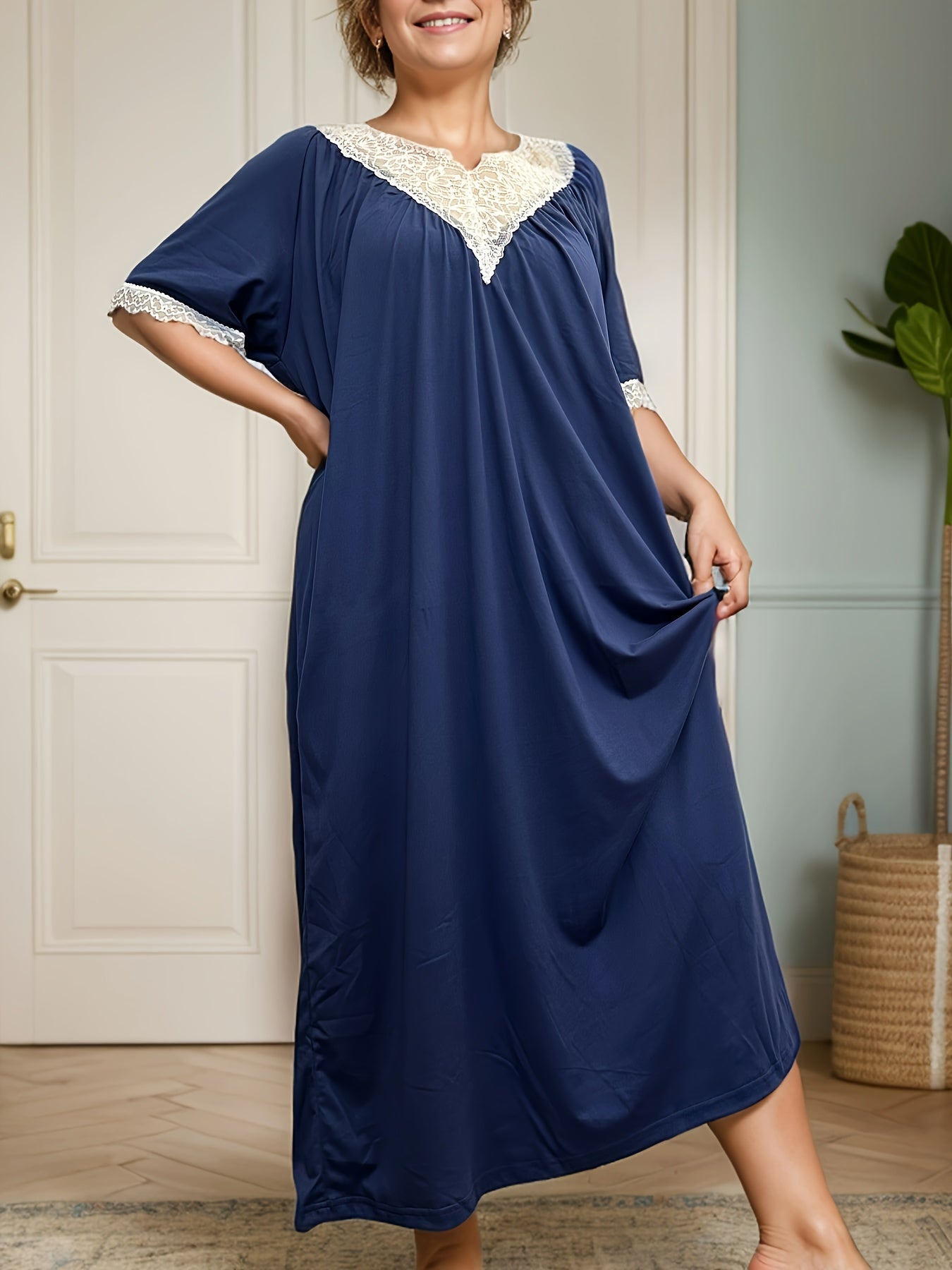 Plus Size Women Lace Trim Short Sleeve Nightgown Soft Stretchy Fabric All-Season Sleepwear