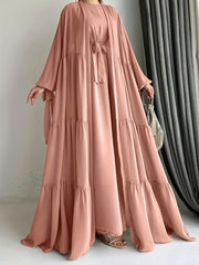 Middle Eastern Abaya Set with Chiffon Robe and Belt Long Sleeve Lantern Ruffle Hem Solid