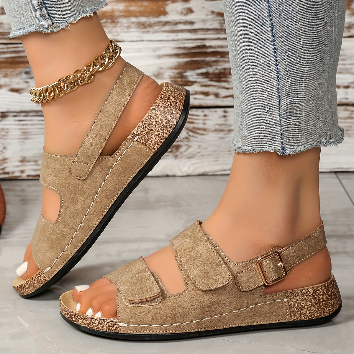 Women's Summer Sandals Open Toe Cushioned Dark Blue Cork Strappy