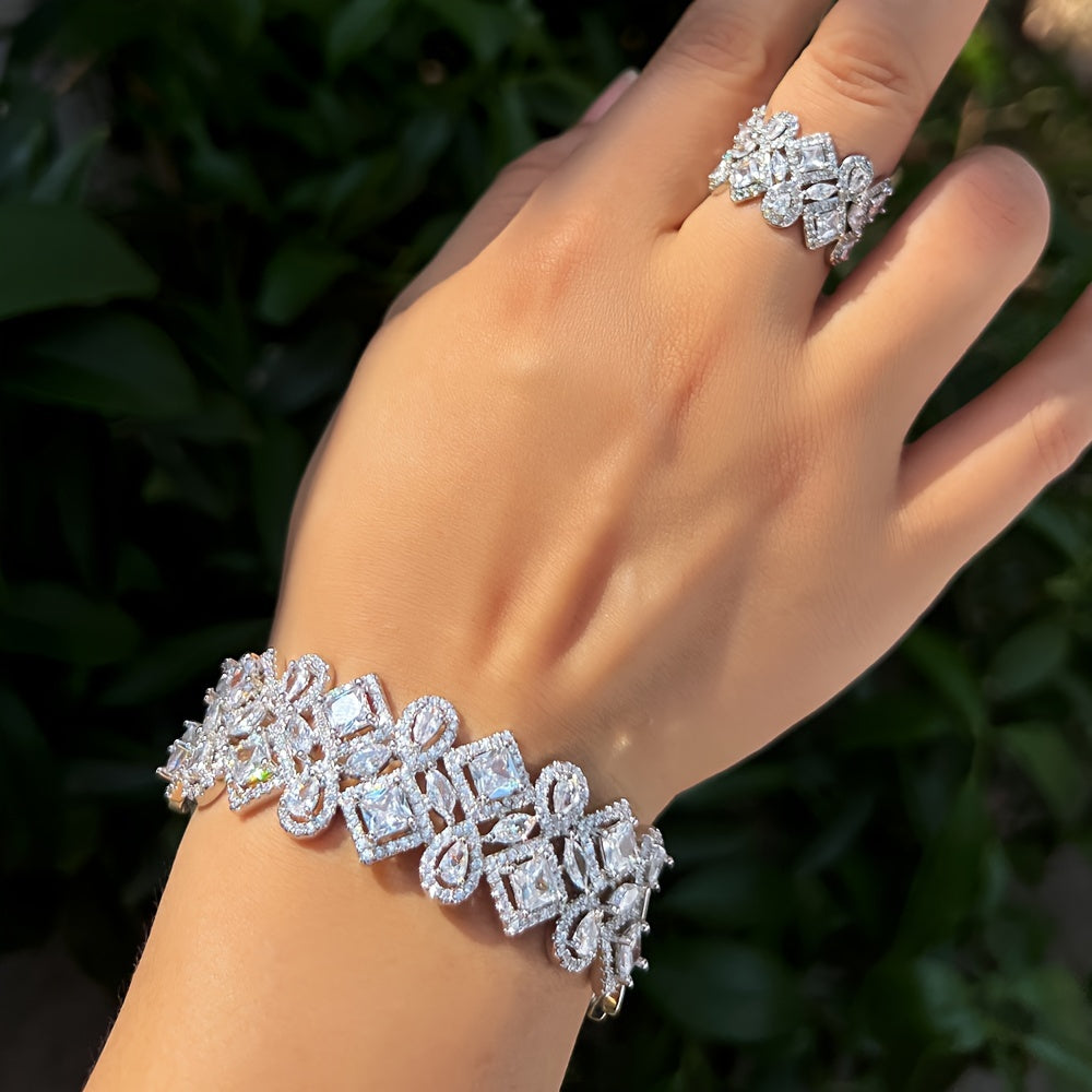 Conjunto de pulsera y anillo cuadrados con zirconia para mujeres, ideal para bodas y fiestas nocturnas