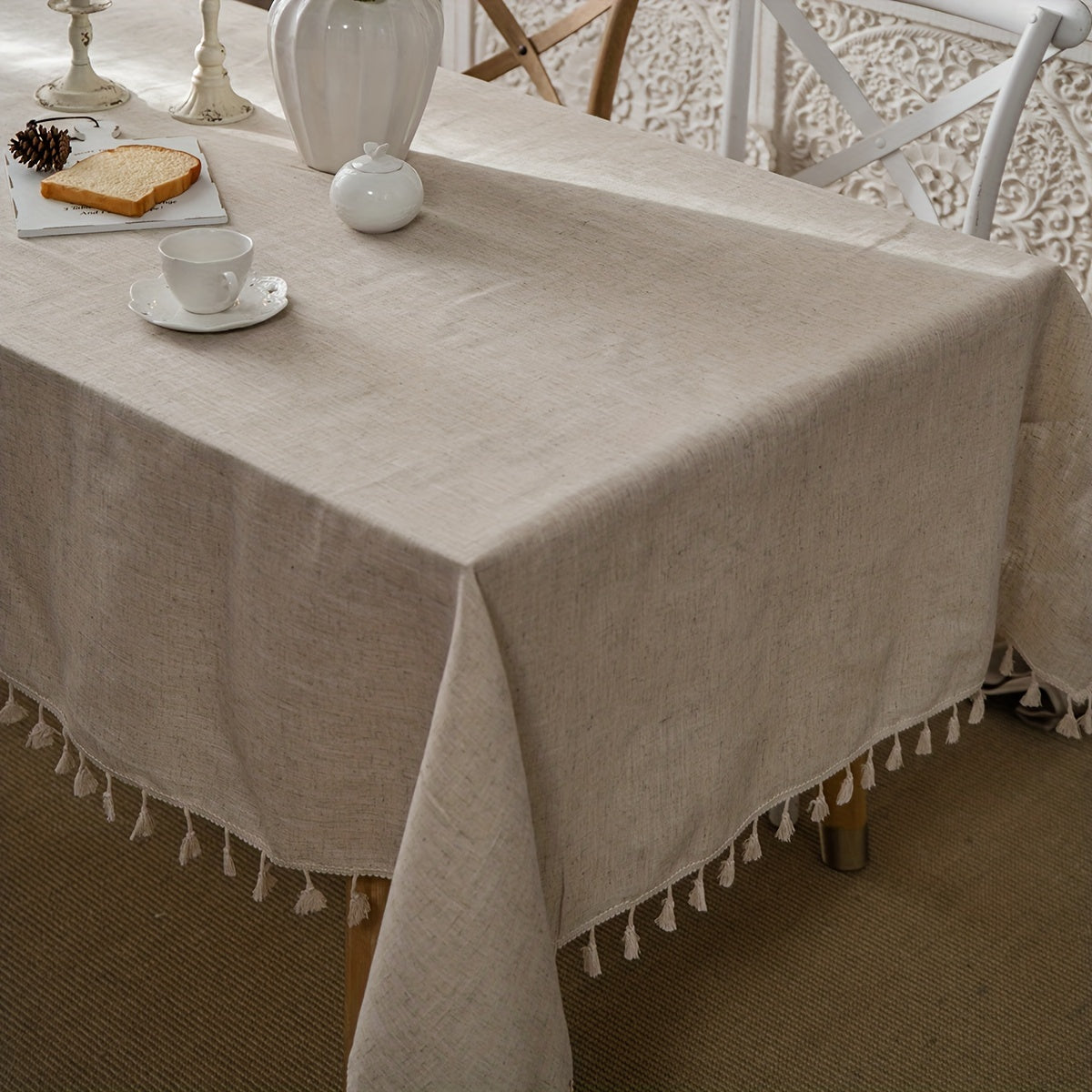Beige Tassel Tablecloth Rectangular Polyester Blend Fringe for Dining and Coffee Tables