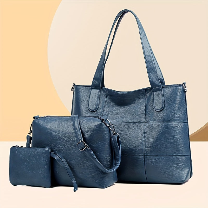 3 dona ayollar uchun sumka to'plami, bir rangli yelka va kesma sumkalar bilan. Qattiq kamarlar, fermuar yopilishi, naylon astar va chekka bo'yoq tafsilotlari mavjud. Xarid qilish, sayohat va ish uchun mos.