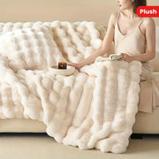 Double-Sided Rabbit Fleece Blanket Soft Faux Fur Plush Solid Color for Couch Bed Travel