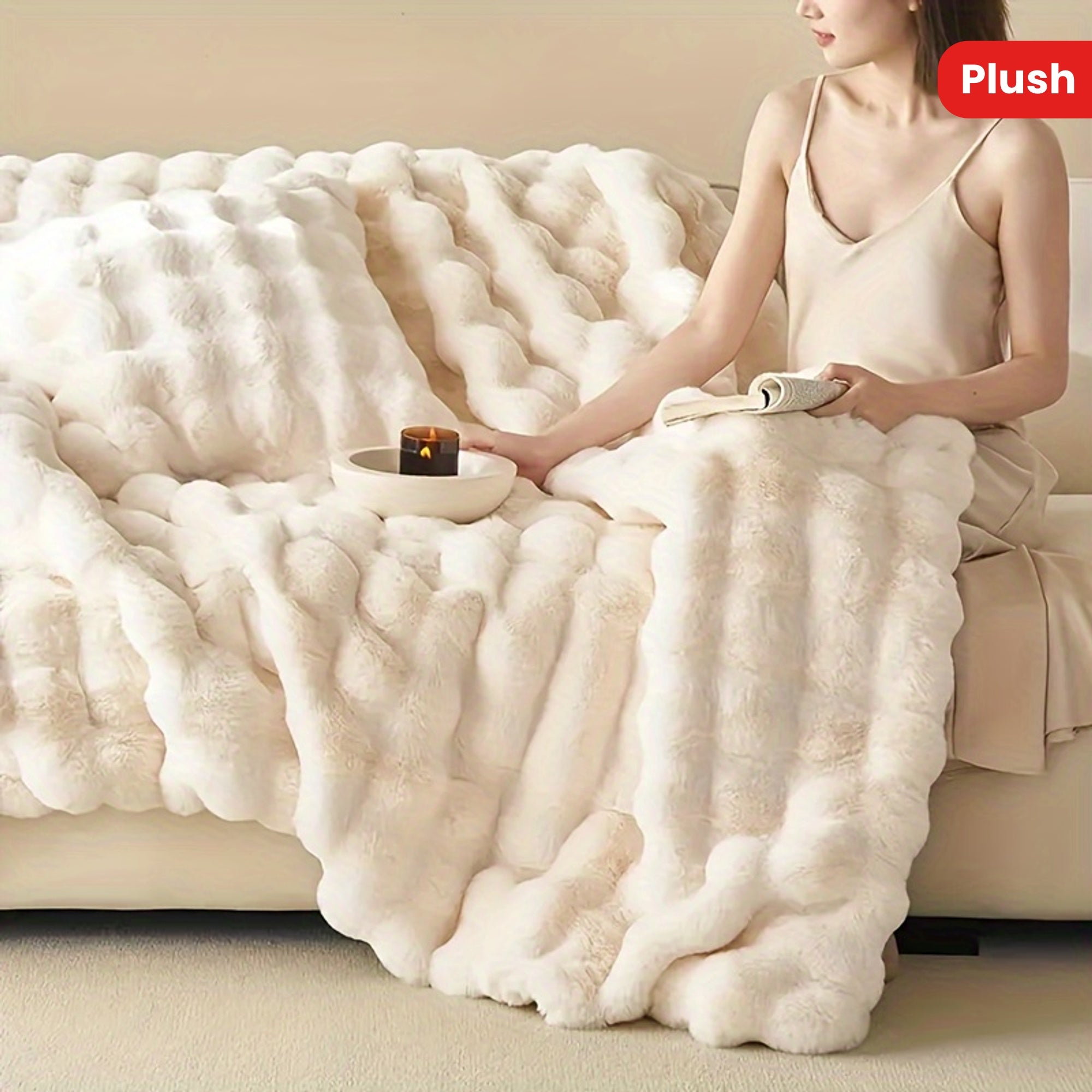 Double-Sided Rabbit Fleece Blanket Soft Faux Fur Plush Solid Color for Couch Bed Travel