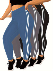 Plus Size High Waist Skinny Leggings Polyester Knit Solid Color Side Stripes All-Season Yoga Pants