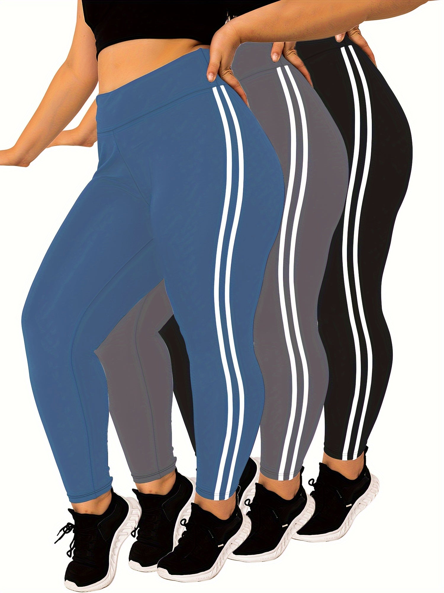 Plus Size High Waist Skinny Leggings Polyester Knit Solid Color Side Stripes All-Season Yoga Pants