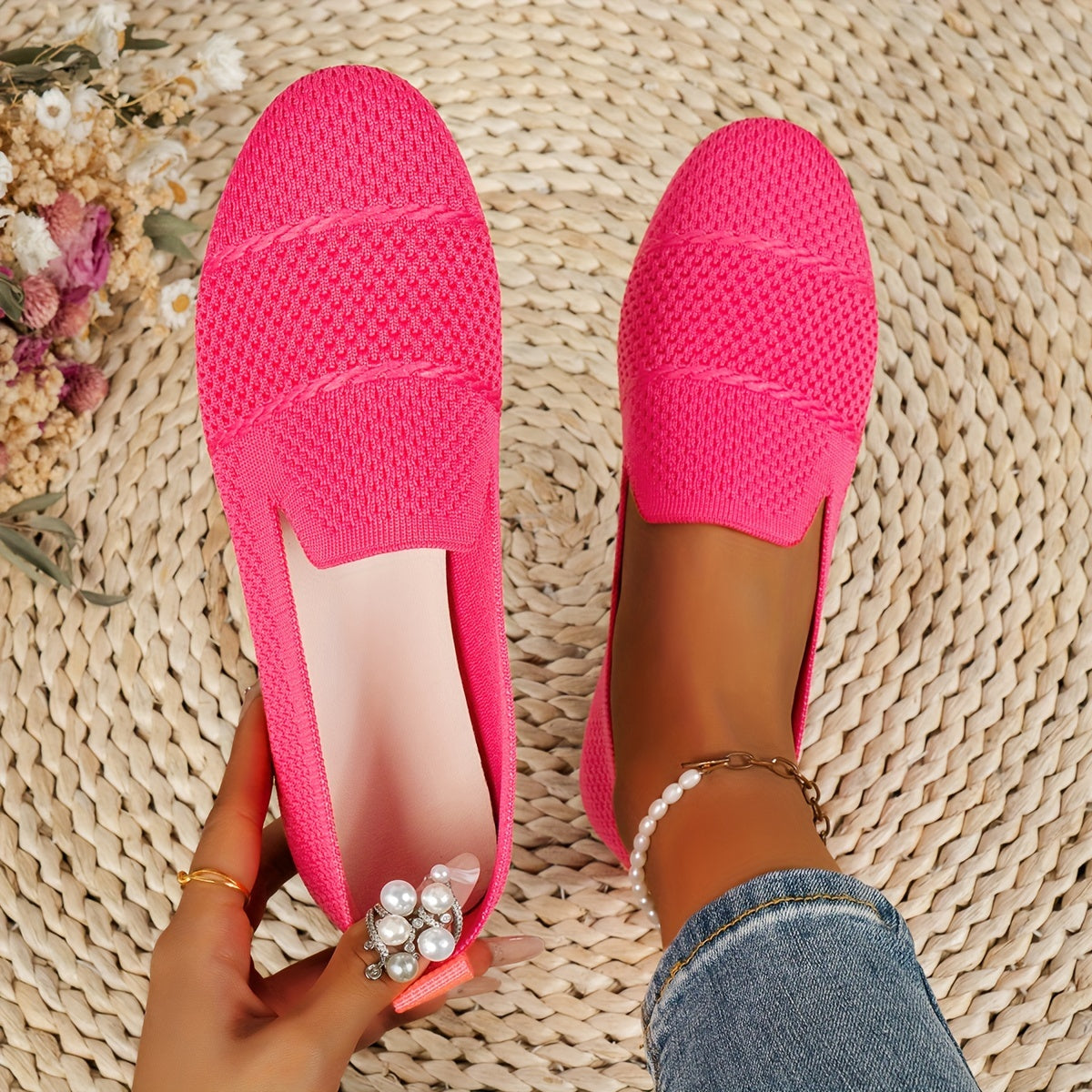Women's Knitted Flat Shoes Breathable Slip-On Casual Flats