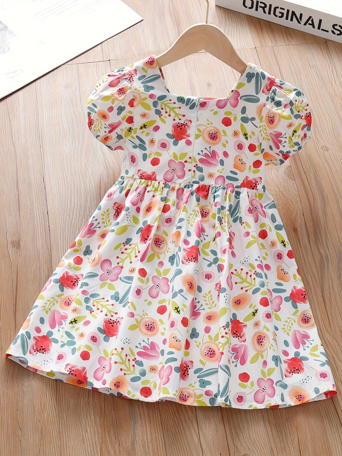Girls Summer Dress with Floral Print and Puff Sleeves Knee High Casual Clothing