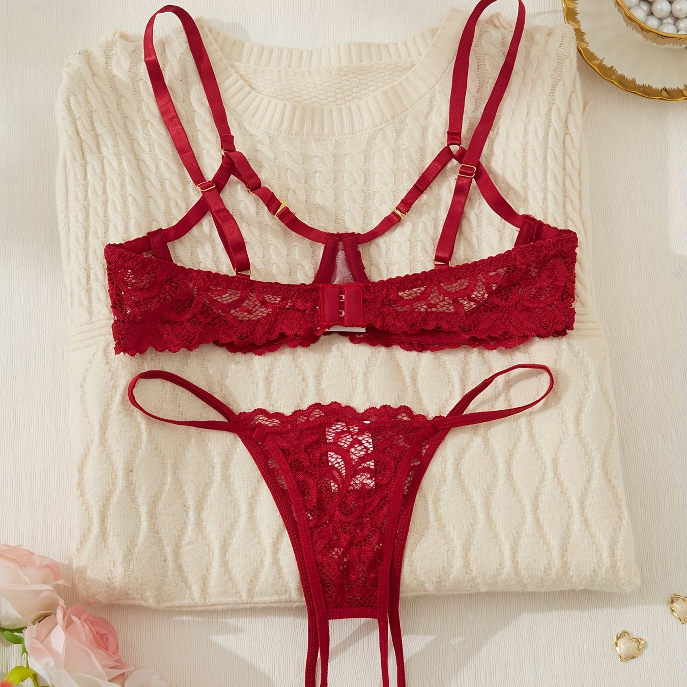 Black Lace Lingerie Set with Underwire and T-Pants for Small Chest Lift