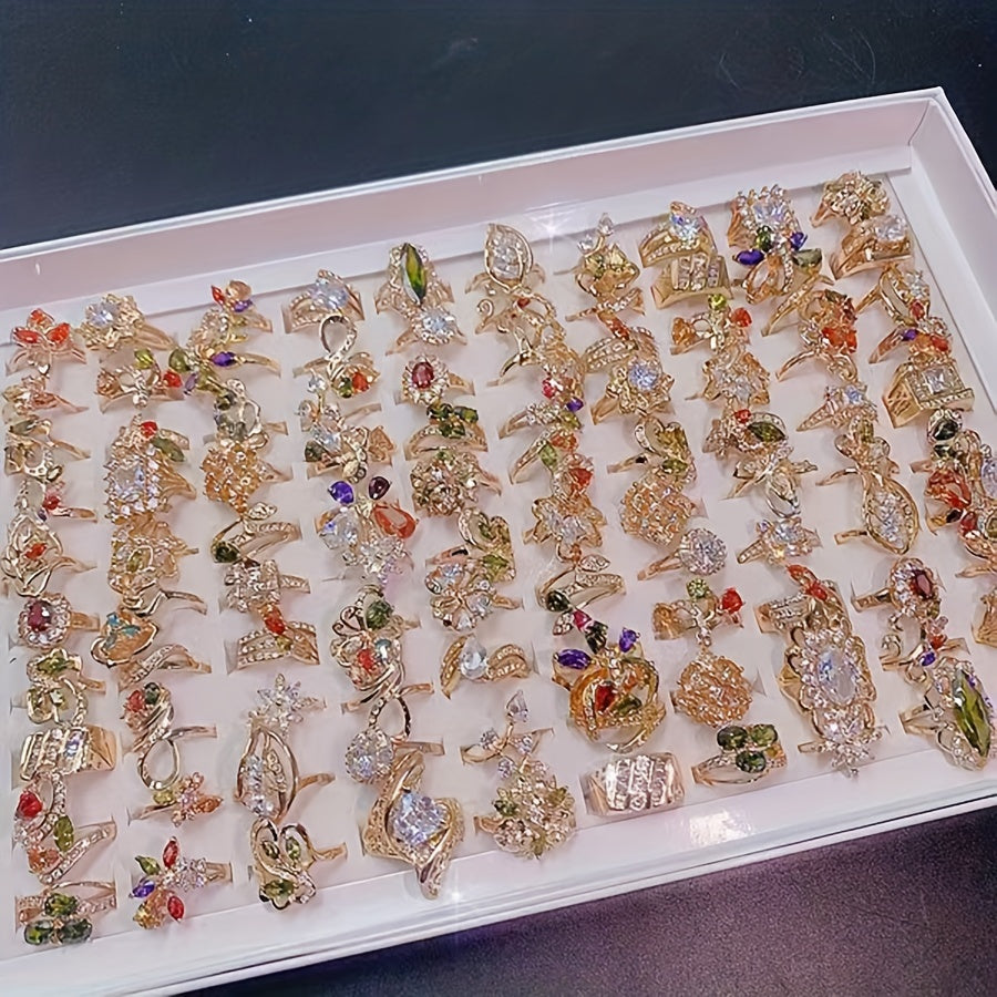 Juego de 10 anillos de zirconia cúbica para mujer con diseño floral, aleación de cobre, joyería elegante