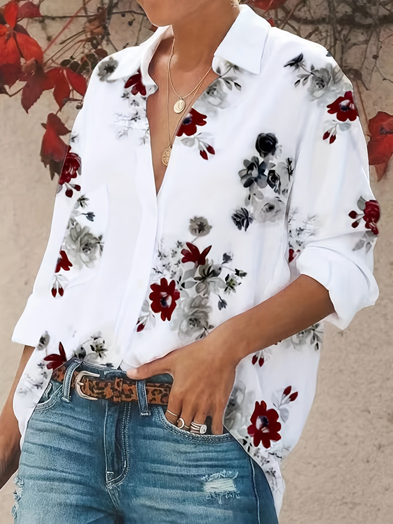 Women's Plus Size Floral Print Casual Blouse with Button-Up Front and Long Sleeves
