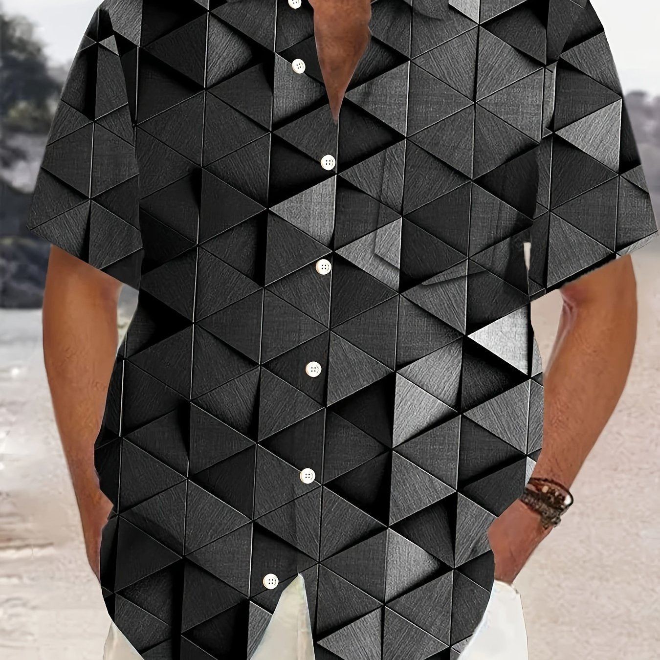 Camisa de manga corta de verano para hombre de tallas grandes con patrón geométrico tejido