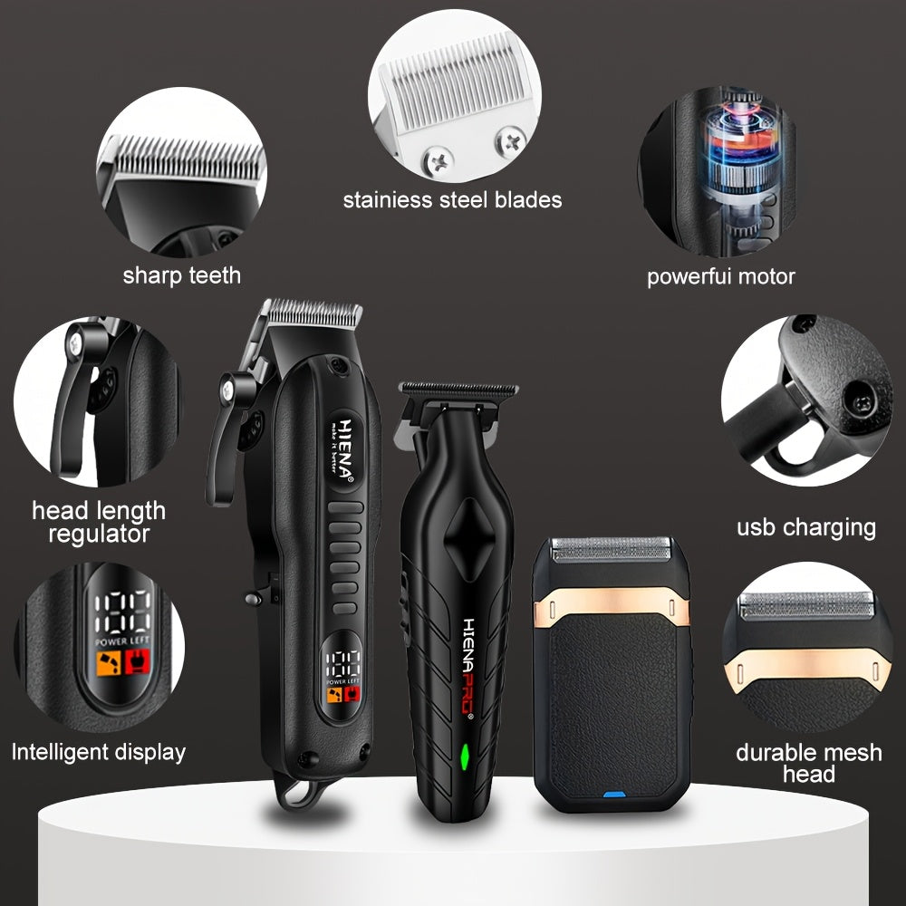Professional Hair Clippers and Shaver Set for Men USB Rechargeable Cordless Haircut Kit with LED Display 1200mAh Lithium Battery 3-Speed