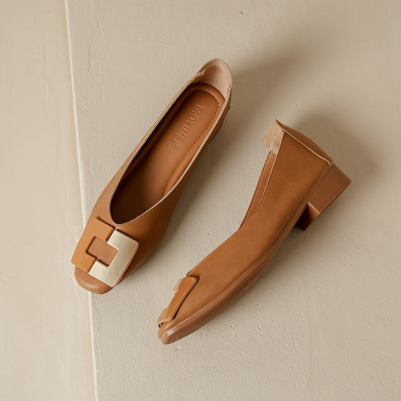 Women's Black Chunky Heel Pumps with Metallic Buckle Square Toe Work Shoes