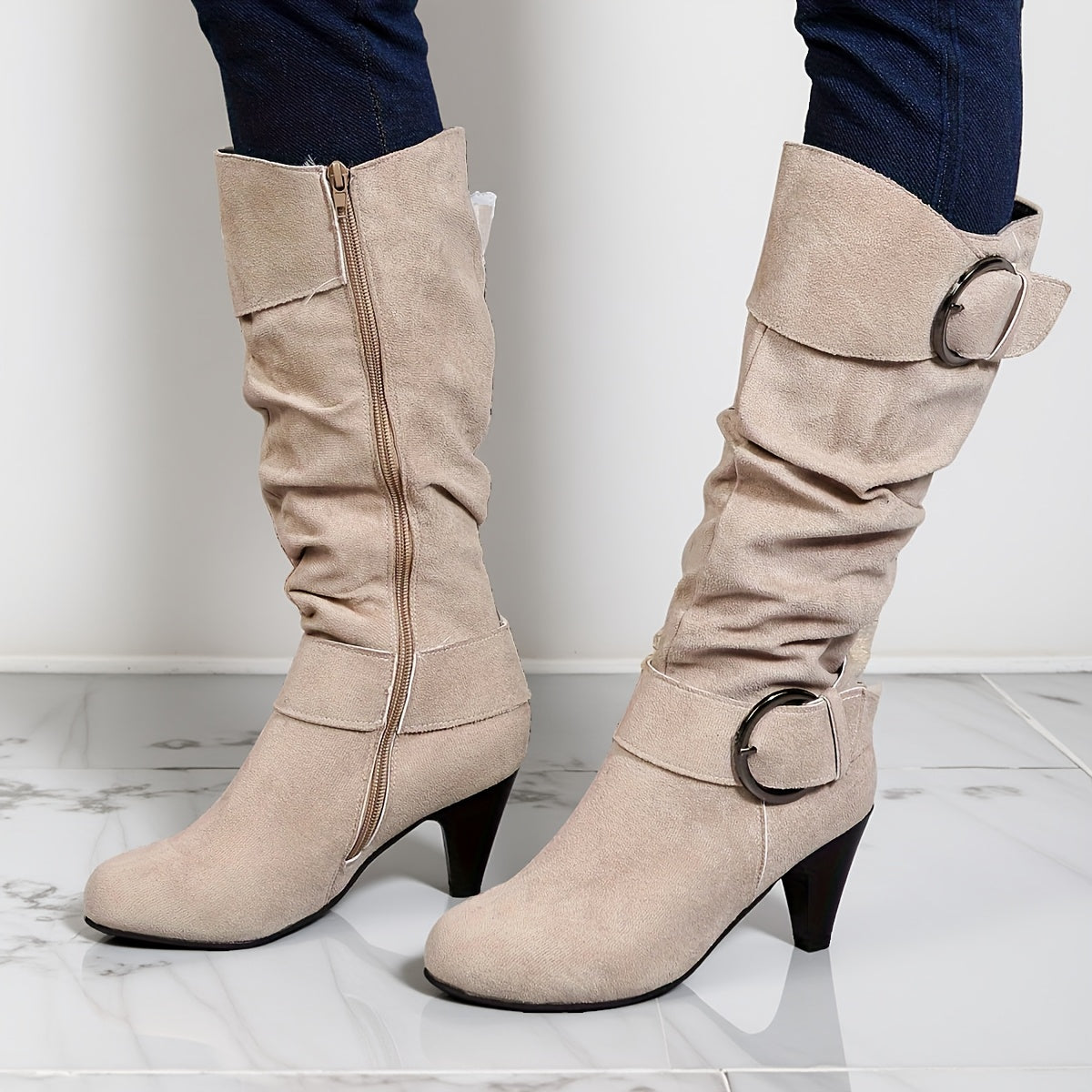 Women Beige Faux Cover Ankle Boots with Buckle Zipper 7cm Chunky Heel