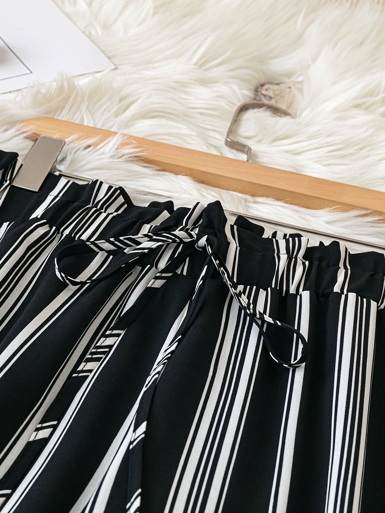 Plus Size Women's Wide Leg Lounge Pants Black White Striped Non-Stretch Adjustable Waist
